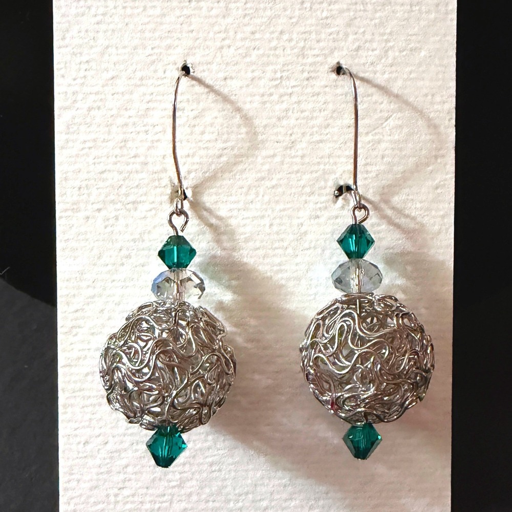 Handmade Silver Wire Mesh Sphere Drop Earrings Green Stephanie Aune Artist